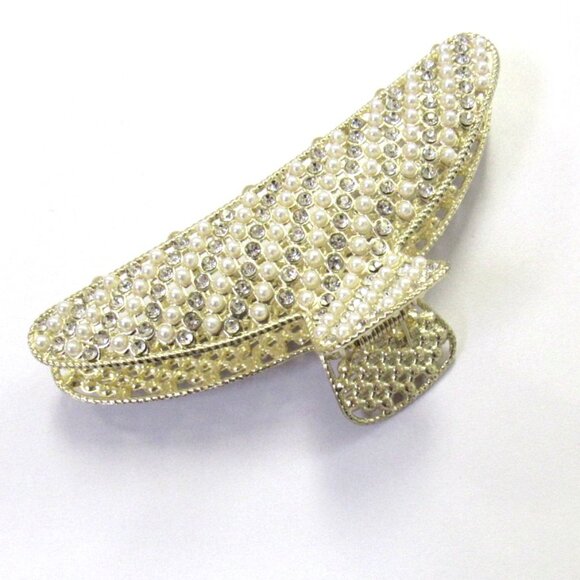 Fancy Dressy Gold Pearl & Rhinestone Hair Clip Jaw Clip Hair Claw Wedding Formal - Picture 2 of 6